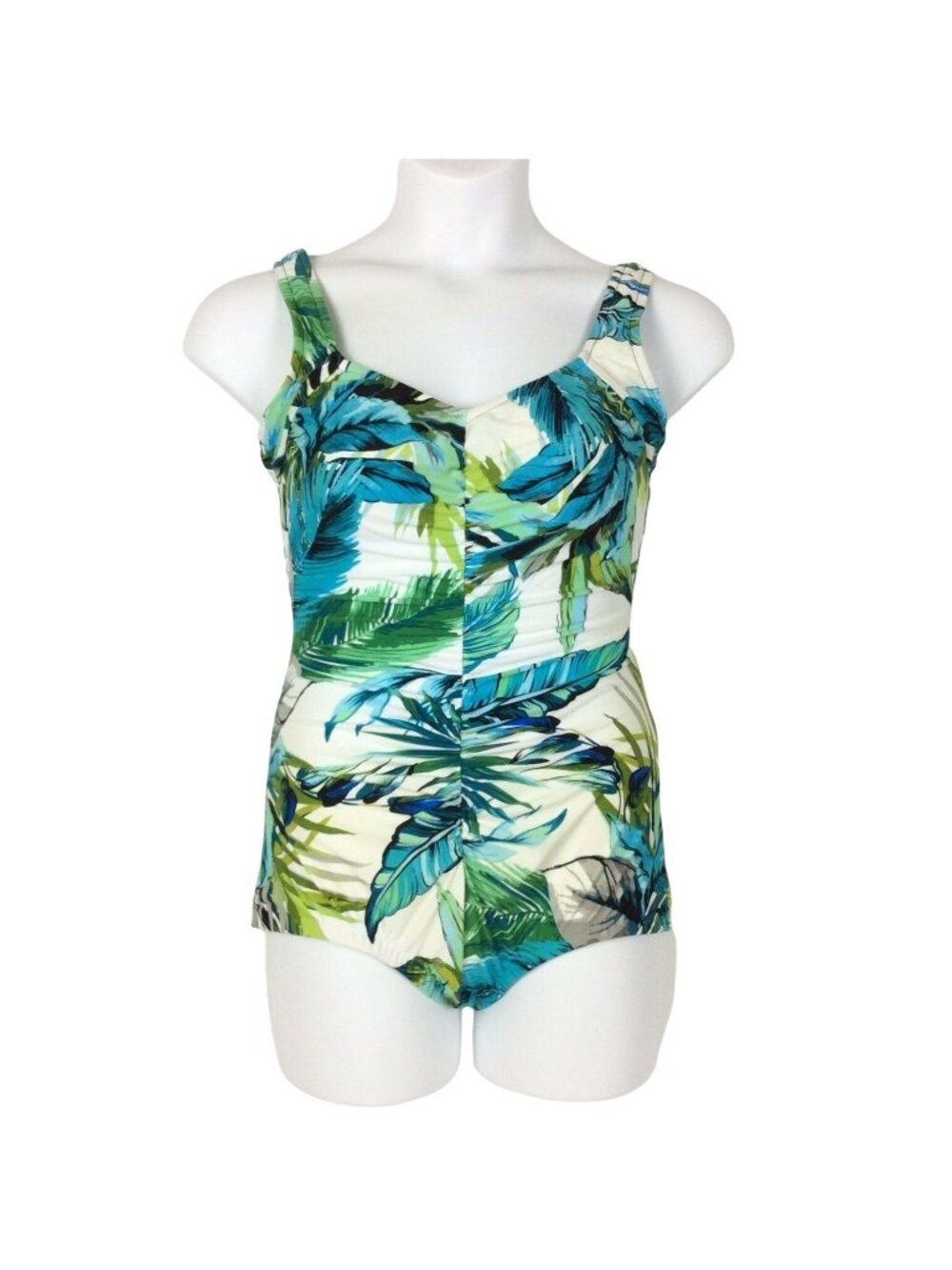 Maxine Of Hollywood Swimsuit Size 14 White Turquoise Ruched Girl Leg Wide Straps